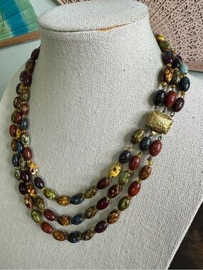 Vintage 60’s Multistrand Glass Beaded Necklace in Red, Green, Gold, Blue, Brown
